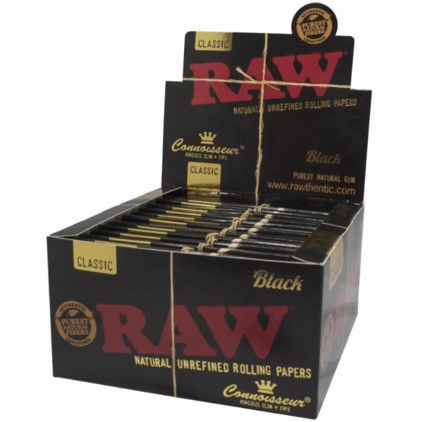 Raw Classic Natural Unrefined Rolling Papers - Connoisseur King Size Slim + Tips - Black - Pack Of 24 Vape wholesale supplies