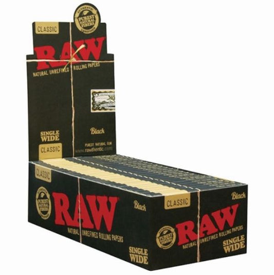 Raw Classic Natural Unrefined Rolling Papers - Single Wide - Black - Pack Of 50 - Vape wholesale supplies 