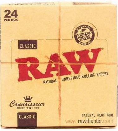 Raw Connoisseur Classic Natural Unrefined Rolling Papers King Size Slim & Tips - Box Of 24 - Vape wholesale supplies 